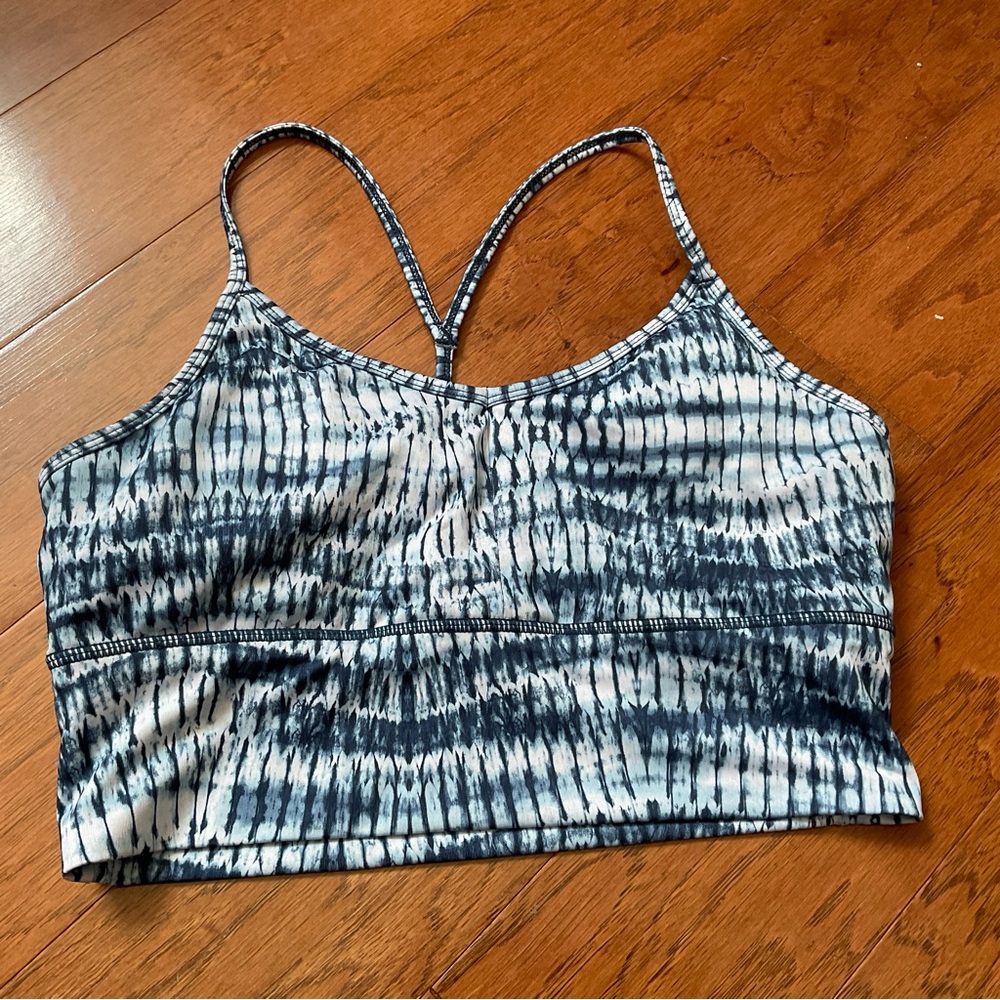 Gaiam Blue, White Patterned Thin Strap Razorback Long Line Bra Size Large
